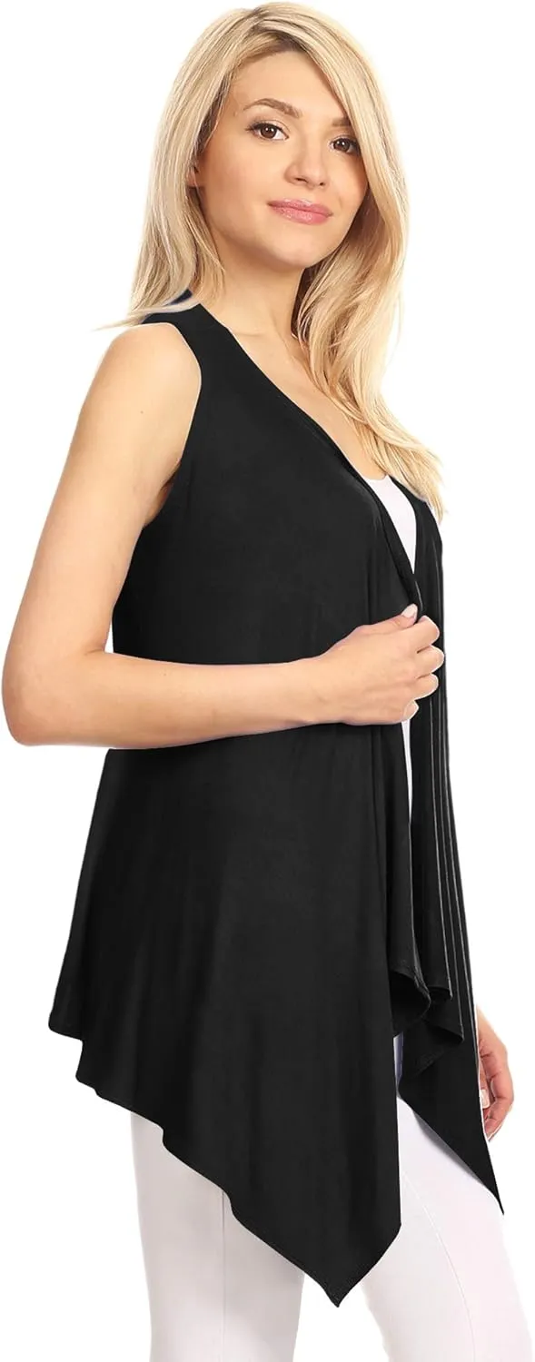 Lock and Love Women's Sleeveless Print/Solid Draped Open Front Cardigan Vest Asymmetric Hem Plus Size