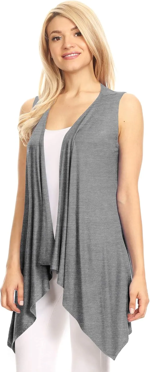 Lock and Love Women's Sleeveless Print/Solid Draped Open Front Cardigan Vest Asymmetric Hem Plus Size