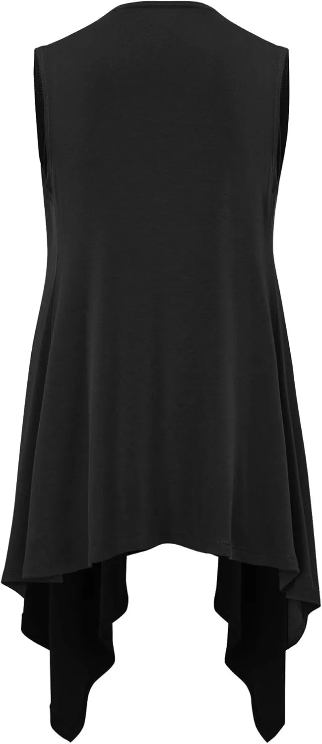 Lock and Love Women's Sleeveless Print/Solid Draped Open Front Cardigan Vest Asymmetric Hem Plus Size