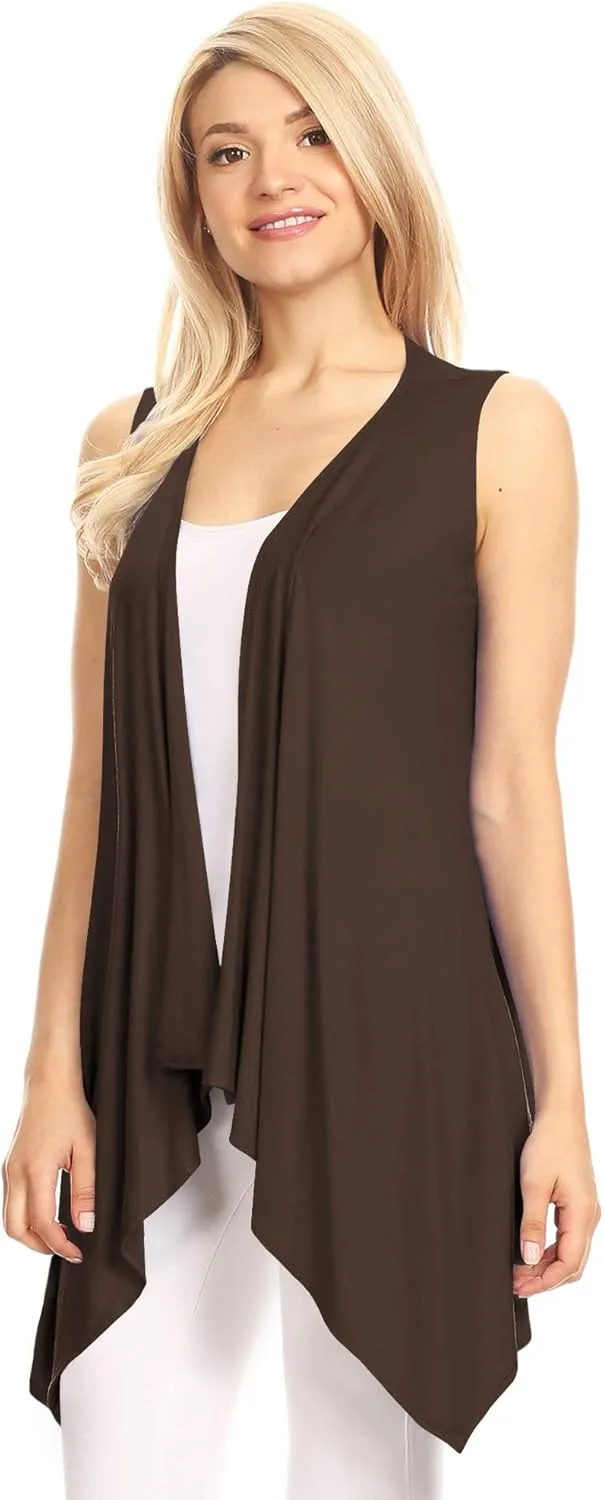 Lock and Love Women's Sleeveless Print/Solid Draped Open Front Cardigan Vest Asymmetric Hem Plus Size