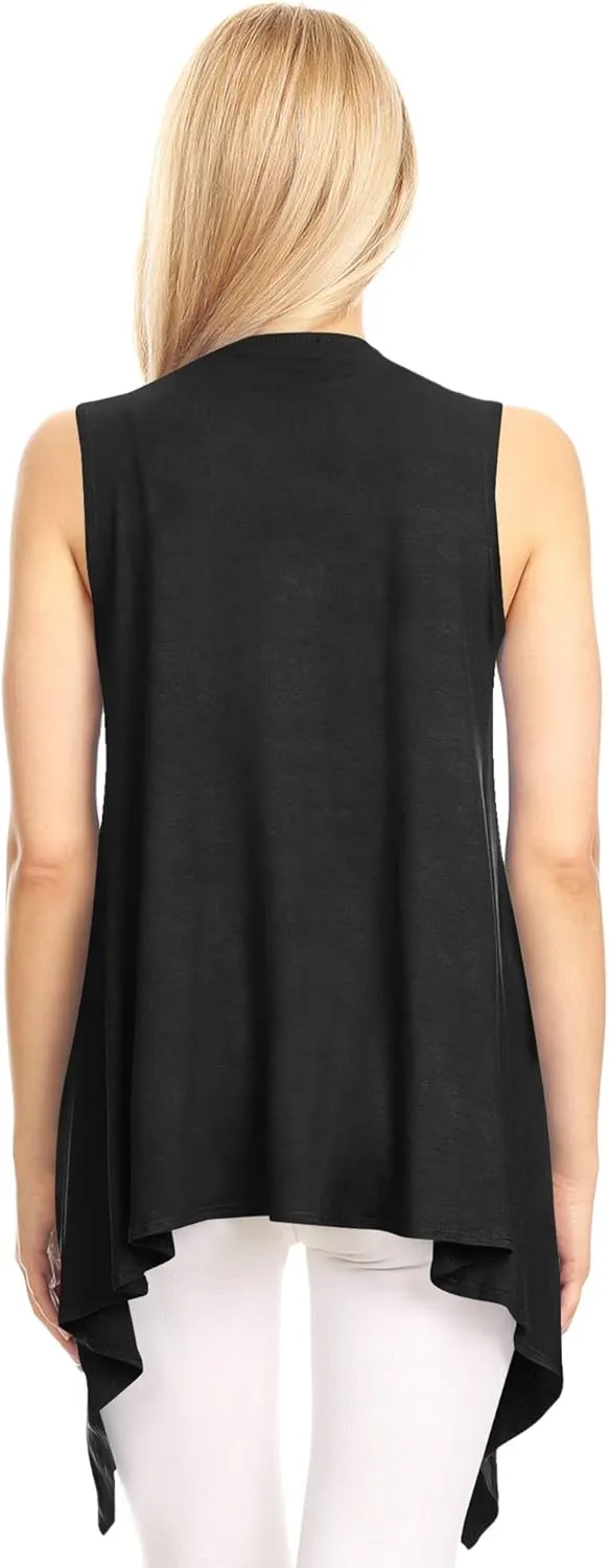 Lock and Love Women's Sleeveless Print/Solid Draped Open Front Cardigan Vest Asymmetric Hem Plus Size