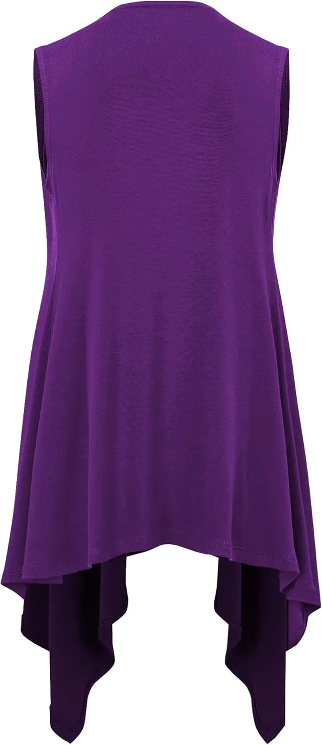 Lock and Love Women's Sleeveless Print/Solid Draped Open Front Cardigan Vest Asymmetric Hem Plus Size