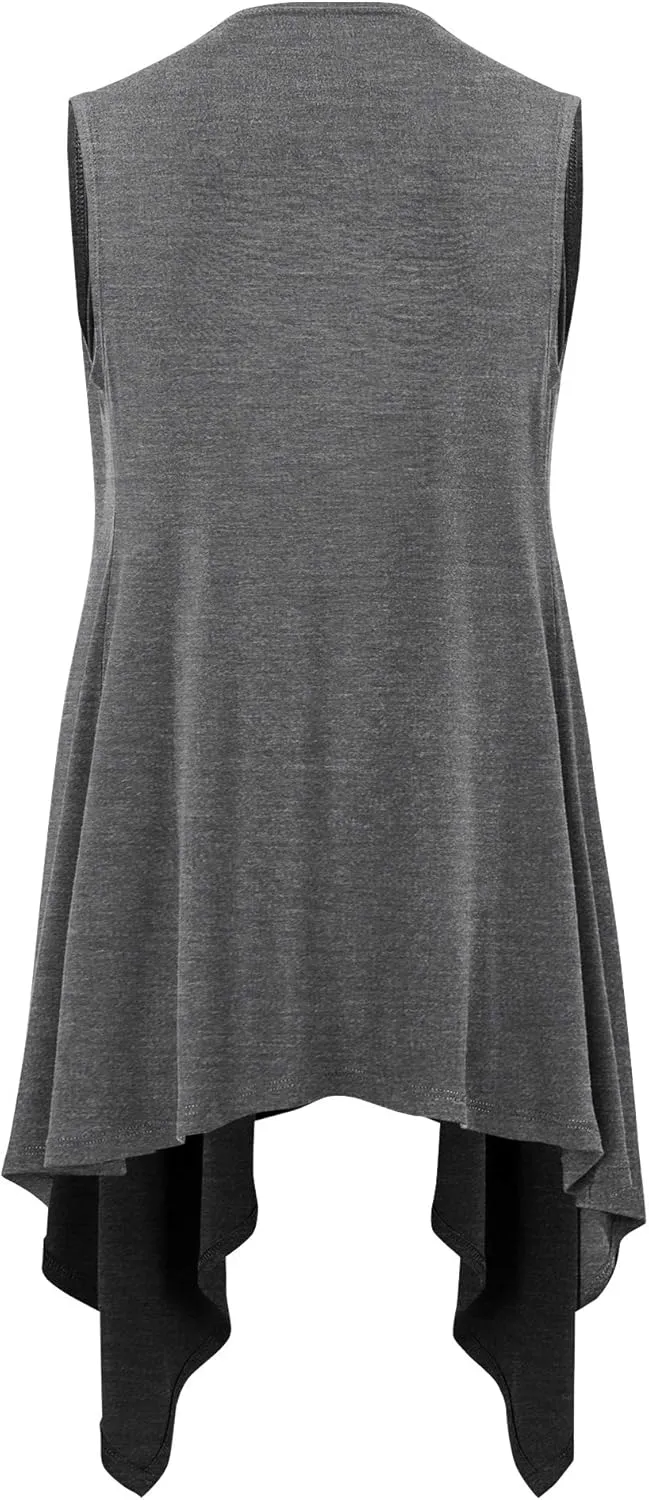 Lock and Love Women's Sleeveless Print/Solid Draped Open Front Cardigan Vest Asymmetric Hem Plus Size