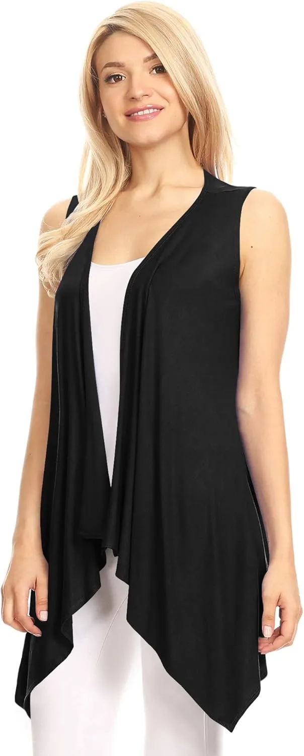 Lock and Love Women's Sleeveless Print/Solid Draped Open Front Cardigan Vest Asymmetric Hem Plus Size