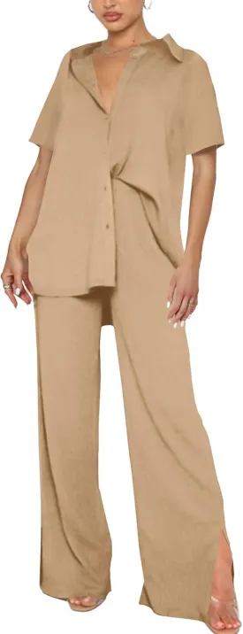 LYANER Women's 2 Piece Outfits Button Down Short Sleeve Shirt and Wide Leg Pants Set