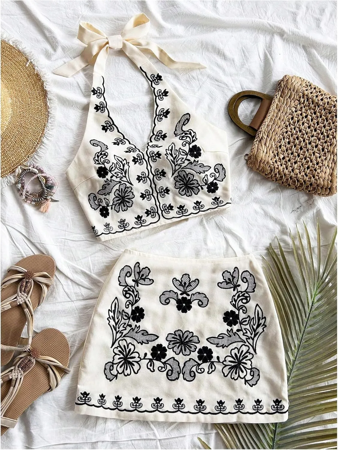 MakeMeChic Women's 2 Piece Outfits Floral Embroidery Halter Tie Open Back Crop Tops and Bodycon Skirt Set
