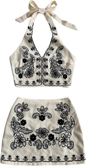 MakeMeChic Women's 2 Piece Outfits Floral Embroidery Halter Tie Open Back Crop Tops and Bodycon Skirt Set