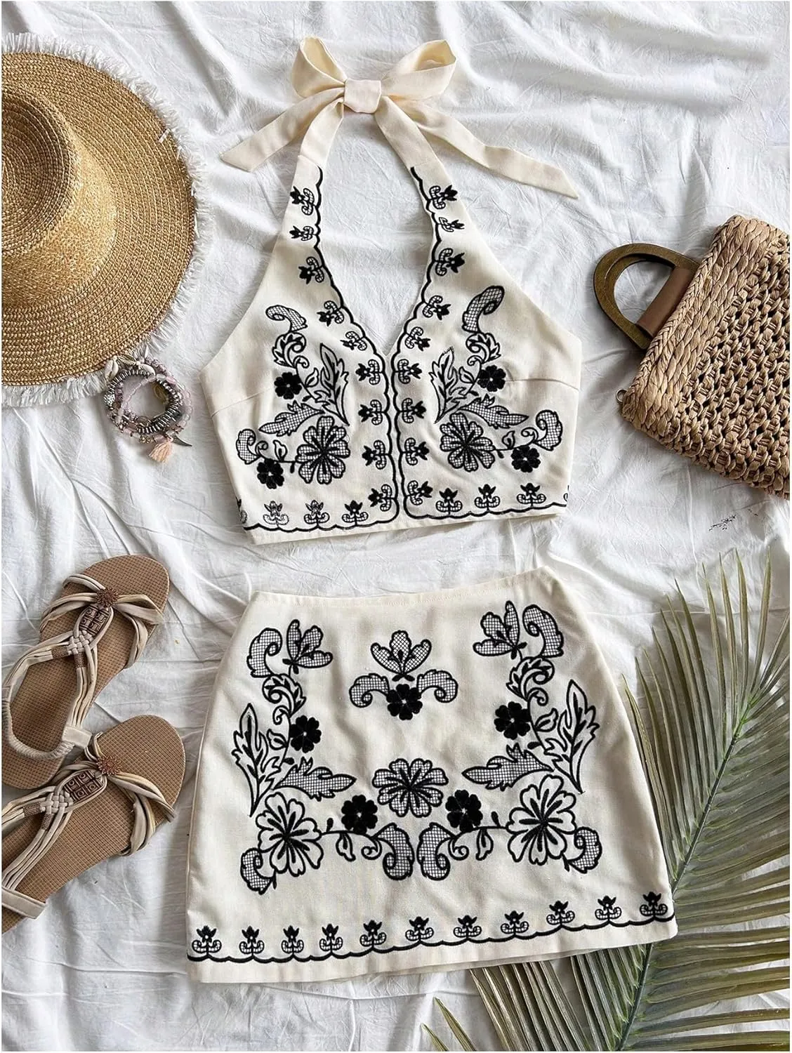 MakeMeChic Women's 2 Piece Outfits Floral Embroidery Halter Tie Open Back Crop Tops and Bodycon Skirt Set