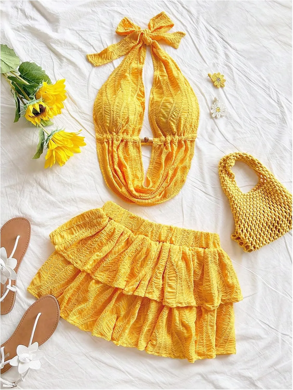 MakeMeChic Women's 2 Piece Y2k Outfit Draped Front Tie Back Halter Crop Tops and Skirt Set