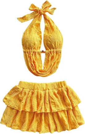 MakeMeChic Women's 2 Piece Y2k Outfit Draped Front Tie Back Halter Crop Tops and Skirt Set