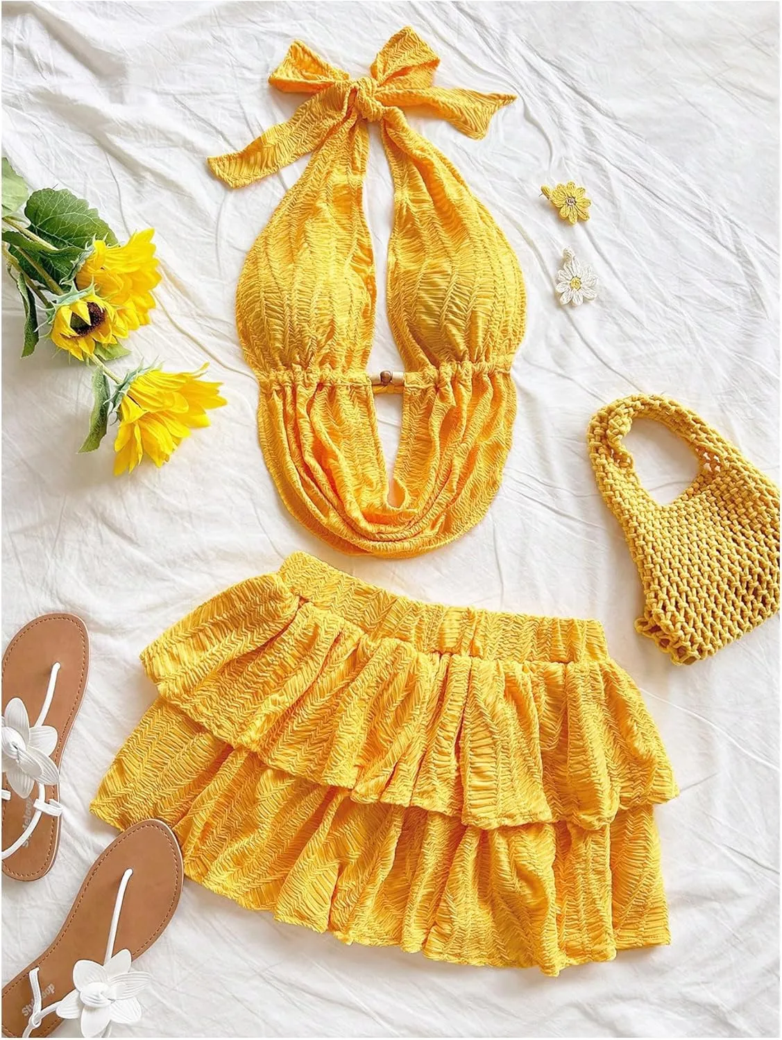 MakeMeChic Women's 2 Piece Y2k Outfit Draped Front Tie Back Halter Crop Tops and Skirt Set