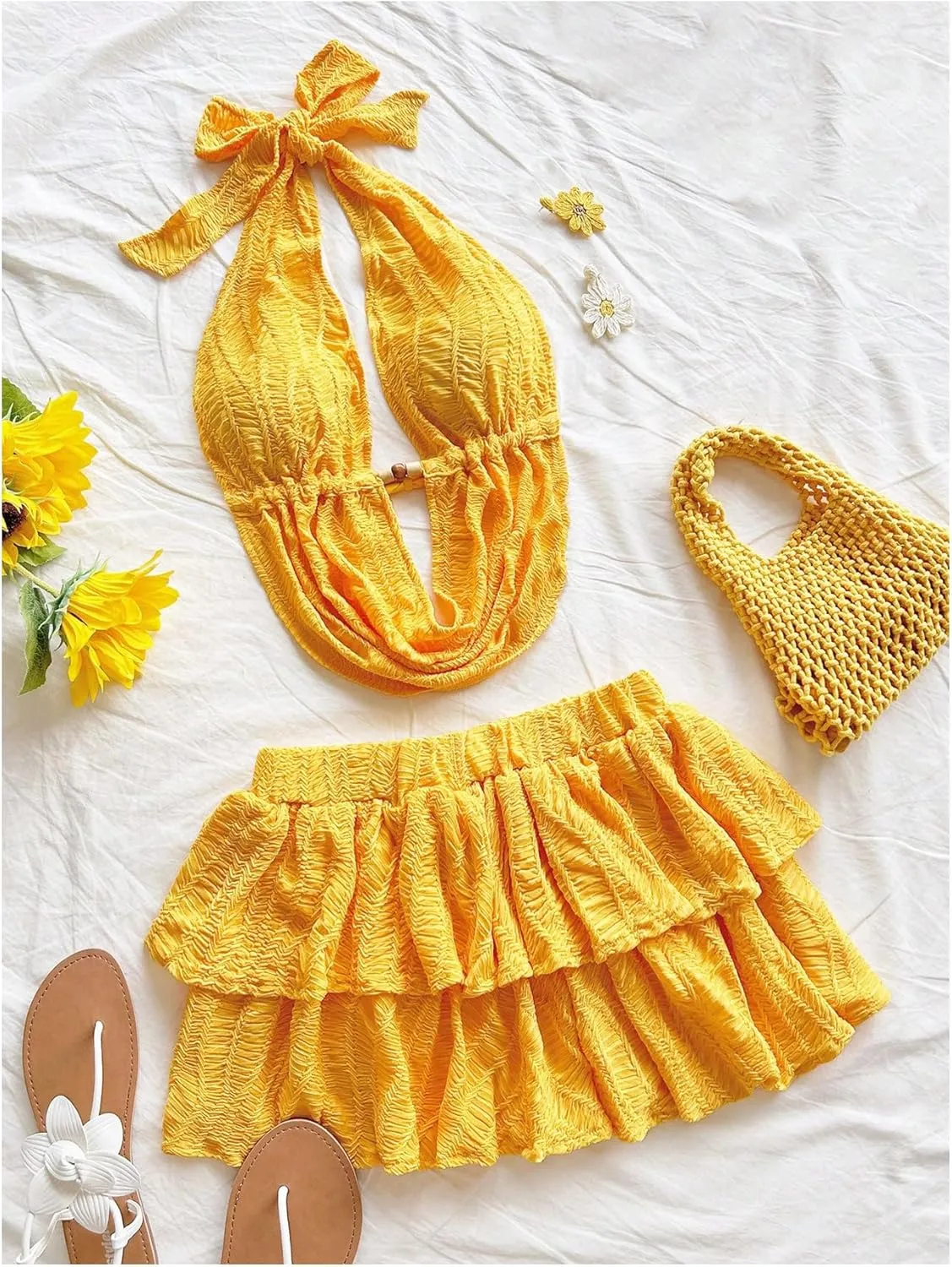 MakeMeChic Women's 2 Piece Y2k Outfit Draped Front Tie Back Halter Crop Tops and Skirt Set