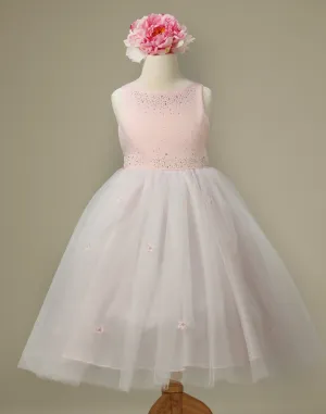 Mesmeric Tulle and Satin Dress with Floral Accents - Pink