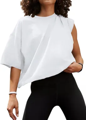 MIHOLL Workout Crop Tops for Women Oversized Short Sleeve Cotton Boxy T-Shirts for Summer Casual Loose Basic Tee