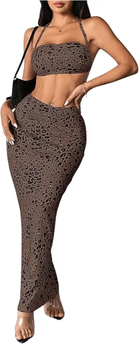 Milumia Women's 2 Piece Polka Dots Halter Crop Top and Bodycon Long Maxi Skirt Set