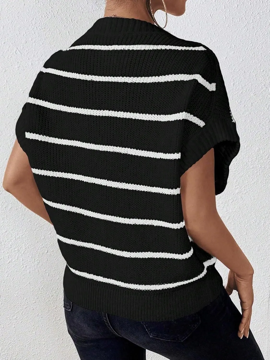 Milumia Women's Stripe Sweater Cap Sleeve Bat Wing Sweater Vest Crewneck Knit Top Pullover Fall Outfit