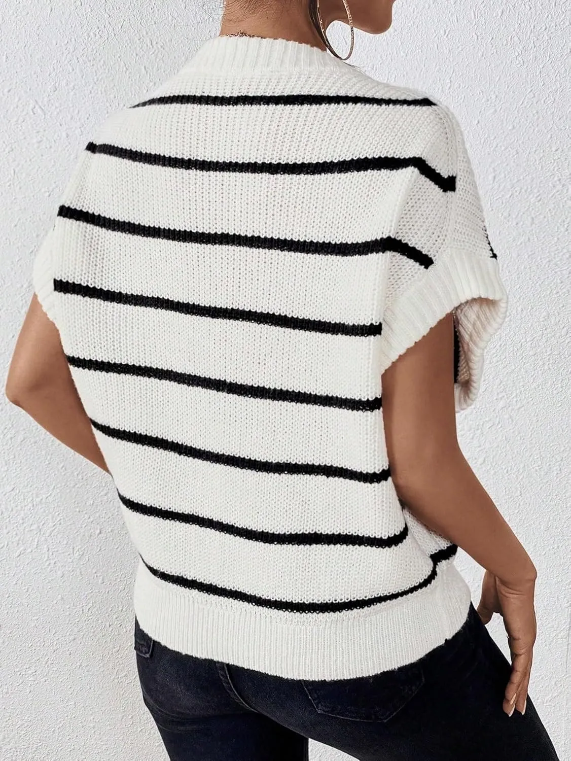 Milumia Women's Stripe Sweater Cap Sleeve Bat Wing Sweater Vest Crewneck Knit Top Pullover Fall Outfit