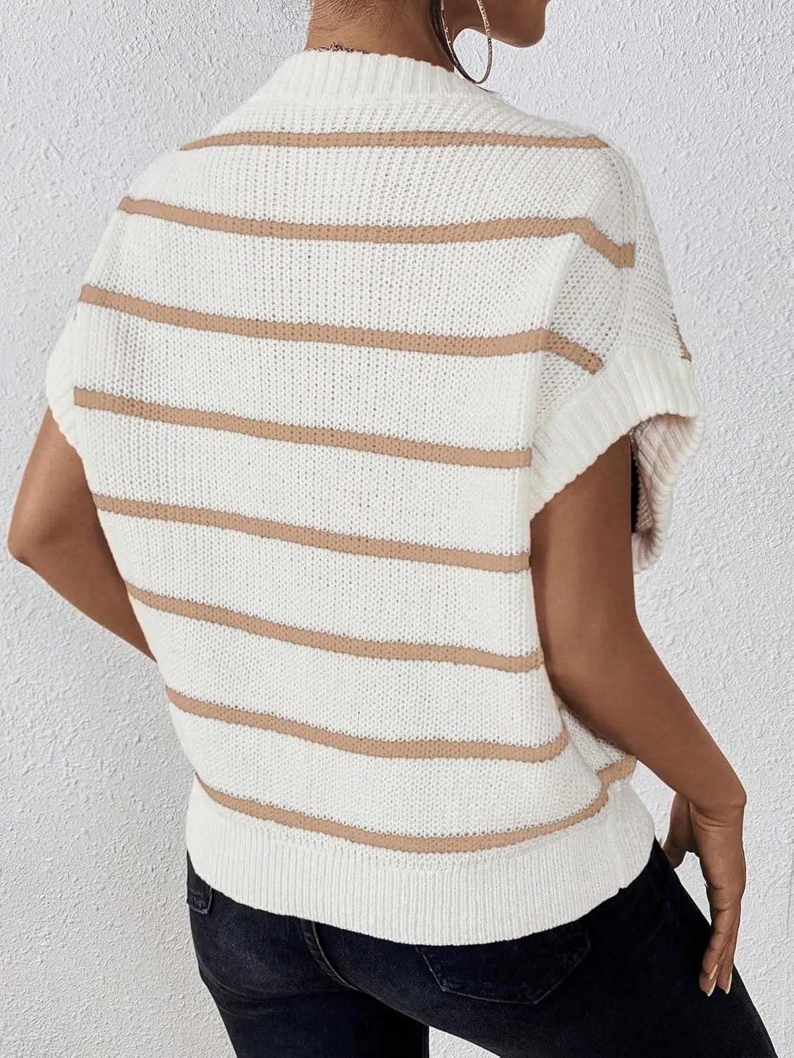 Milumia Women's Stripe Sweater Cap Sleeve Bat Wing Sweater Vest Crewneck Knit Top Pullover Fall Outfit