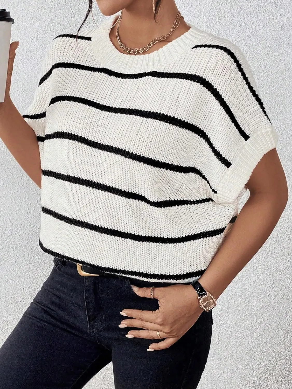 Milumia Women's Stripe Sweater Cap Sleeve Bat Wing Sweater Vest Crewneck Knit Top Pullover Fall Outfit