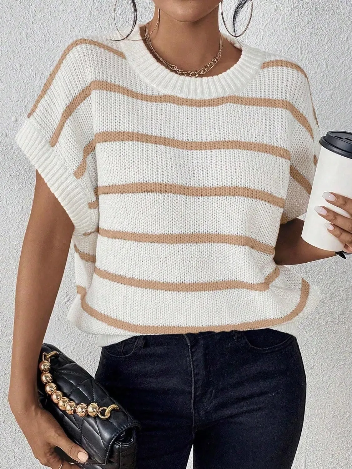 Milumia Women's Stripe Sweater Cap Sleeve Bat Wing Sweater Vest Crewneck Knit Top Pullover Fall Outfit