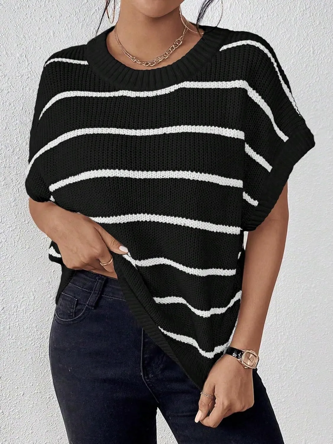 Milumia Women's Stripe Sweater Cap Sleeve Bat Wing Sweater Vest Crewneck Knit Top Pullover Fall Outfit