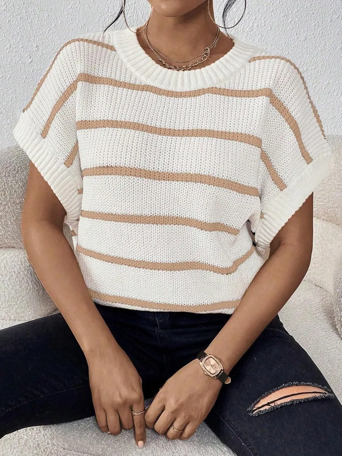 Milumia Women's Stripe Sweater Cap Sleeve Bat Wing Sweater Vest Crewneck Knit Top Pullover Fall Outfit