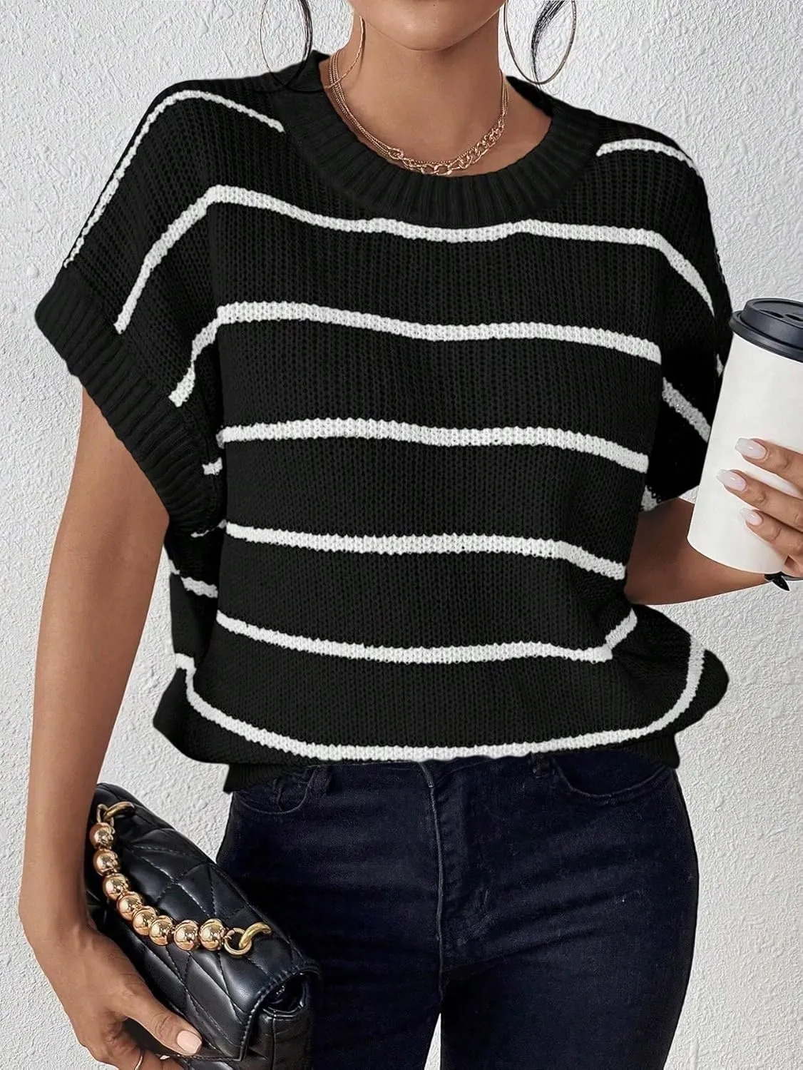 Milumia Women's Stripe Sweater Cap Sleeve Bat Wing Sweater Vest Crewneck Knit Top Pullover Fall Outfit