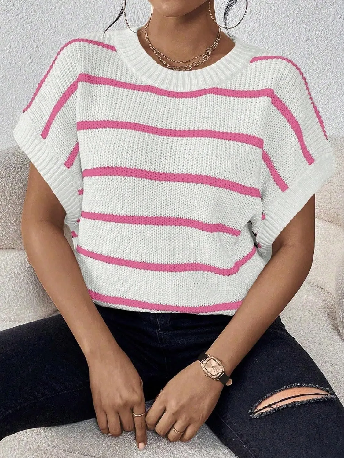 Milumia Women's Stripe Sweater Cap Sleeve Bat Wing Sweater Vest Crewneck Knit Top Pullover Fall Outfit