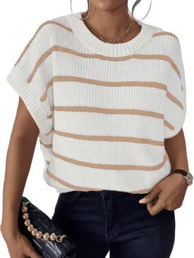 Milumia Women's Stripe Sweater Cap Sleeve Bat Wing Sweater Vest Crewneck Knit Top Pullover Fall Outfit