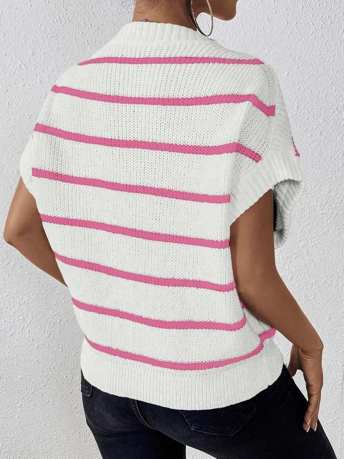 Milumia Women's Stripe Sweater Cap Sleeve Bat Wing Sweater Vest Crewneck Knit Top Pullover Fall Outfit