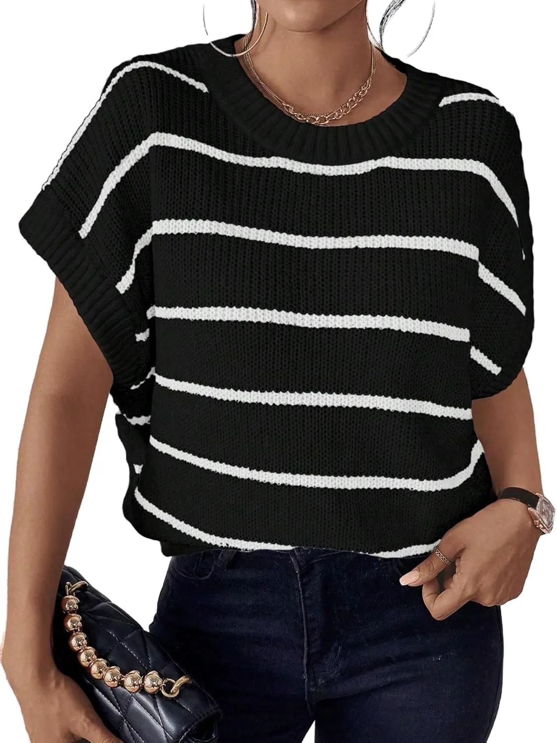 Milumia Women's Stripe Sweater Cap Sleeve Bat Wing Sweater Vest Crewneck Knit Top Pullover Fall Outfit