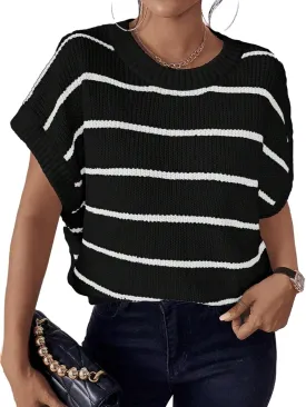 Milumia Women's Stripe Sweater Cap Sleeve Bat Wing Sweater Vest Crewneck Knit Top Pullover Fall Outfit