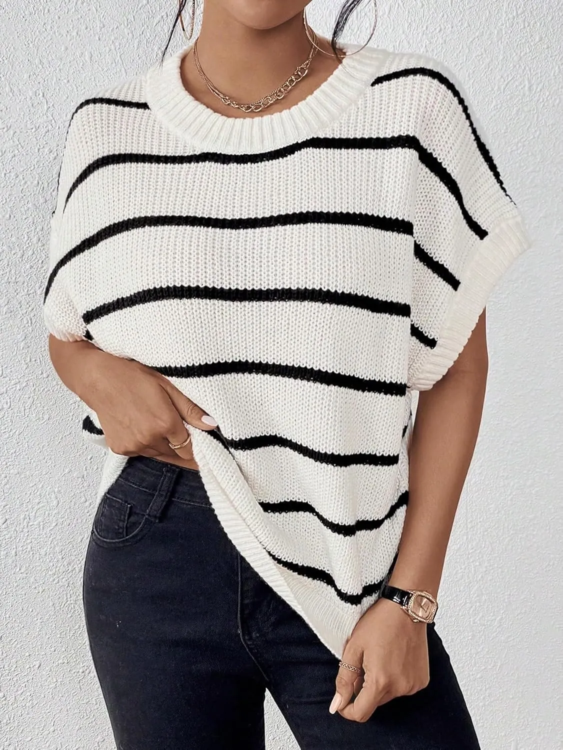 Milumia Women's Stripe Sweater Cap Sleeve Bat Wing Sweater Vest Crewneck Knit Top Pullover Fall Outfit