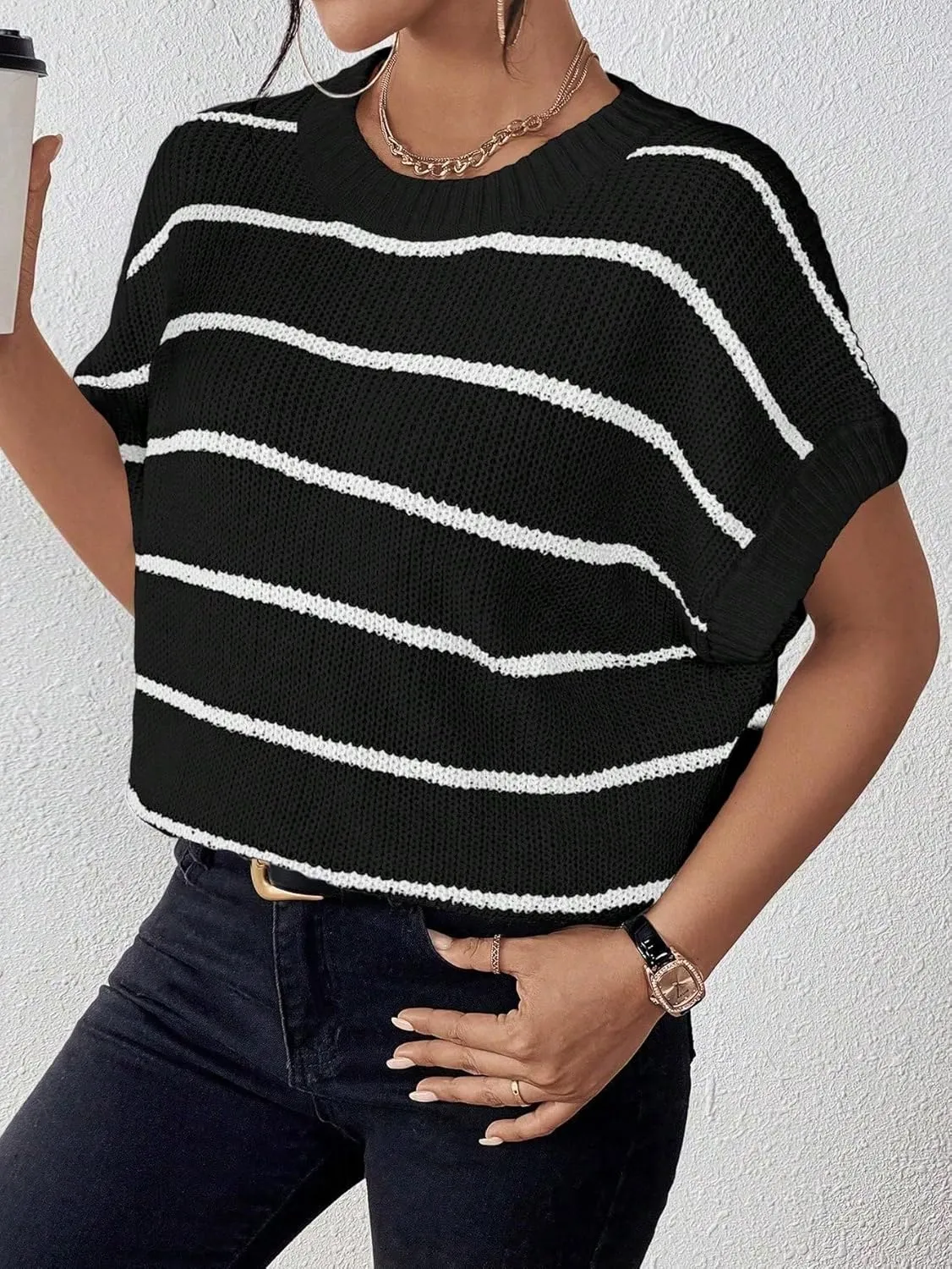 Milumia Women's Stripe Sweater Cap Sleeve Bat Wing Sweater Vest Crewneck Knit Top Pullover Fall Outfit