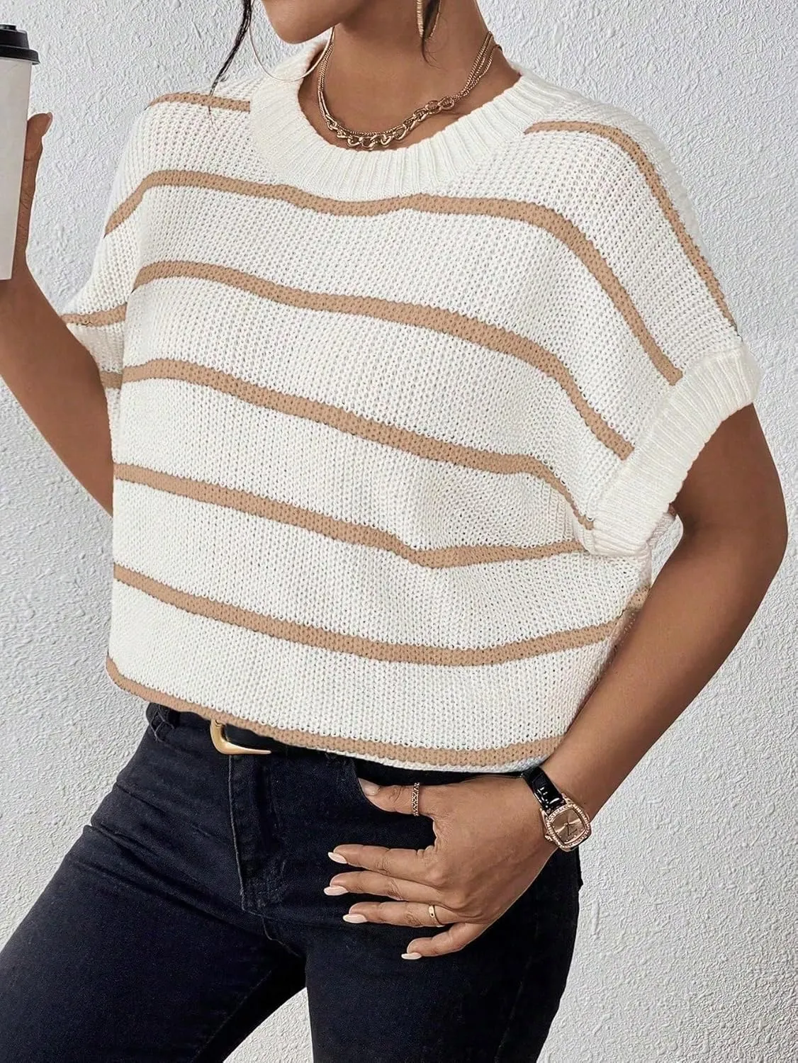 Milumia Women's Stripe Sweater Cap Sleeve Bat Wing Sweater Vest Crewneck Knit Top Pullover Fall Outfit