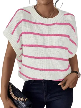 Milumia Women's Stripe Sweater Cap Sleeve Bat Wing Sweater Vest Crewneck Knit Top Pullover Fall Outfit