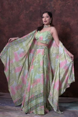 Mint Green and Pink  Digital Print Lehenga Choli With Jacket Style Dupatta.