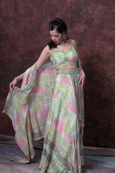 Mint Green and Pink  Digital Print Lehenga Choli With Jacket Style Dupatta.