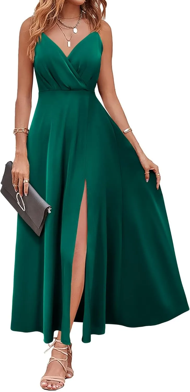 Newshows Women's 2024 Summer V Neck Satin Dress Spaghetti Strap Sleeveless Long Slit Cocktail Wedding Guest Maxi Dress
