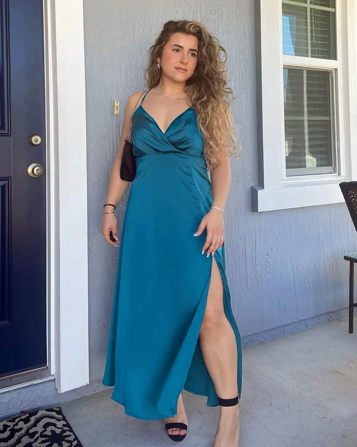 Newshows Women's 2024 Summer V Neck Satin Dress Spaghetti Strap Sleeveless Long Slit Cocktail Wedding Guest Maxi Dress