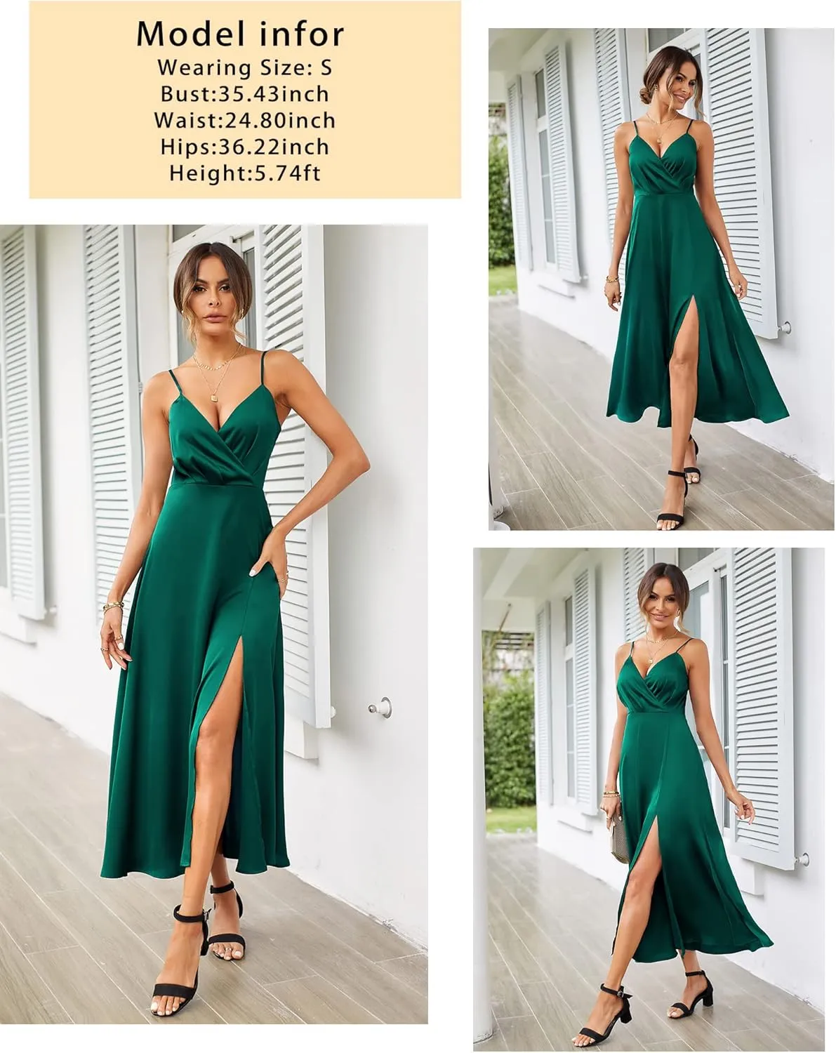 Newshows Women's 2024 Summer V Neck Satin Dress Spaghetti Strap Sleeveless Long Slit Cocktail Wedding Guest Maxi Dress