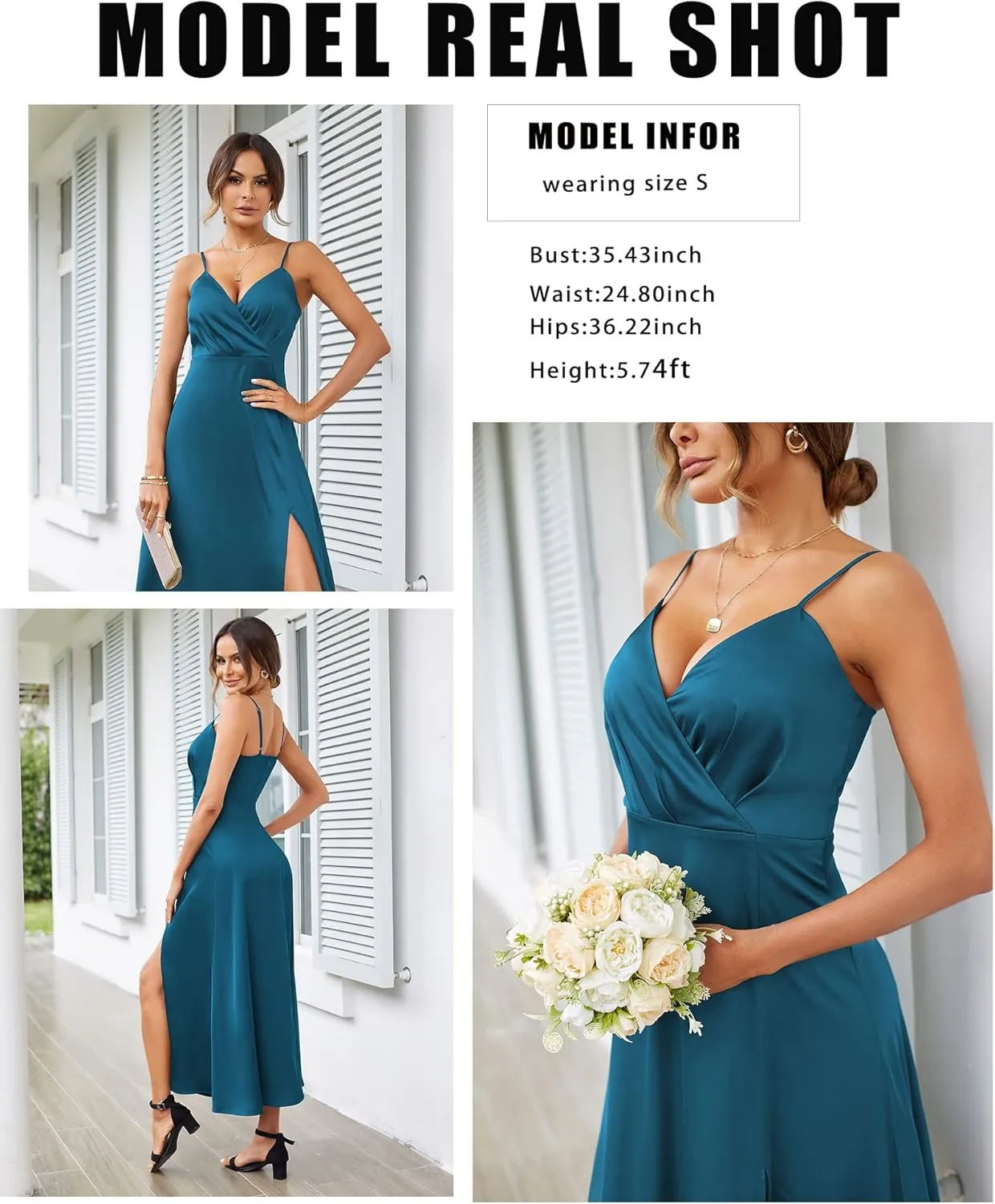 Newshows Women's 2024 Summer V Neck Satin Dress Spaghetti Strap Sleeveless Long Slit Cocktail Wedding Guest Maxi Dress