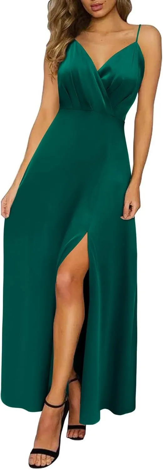 Newshows Women's 2024 Summer V Neck Satin Dress Spaghetti Strap Sleeveless Long Slit Cocktail Wedding Guest Maxi Dress