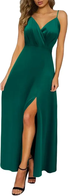Newshows Women's 2024 Summer V Neck Satin Dress Spaghetti Strap Sleeveless Long Slit Cocktail Wedding Guest Maxi Dress