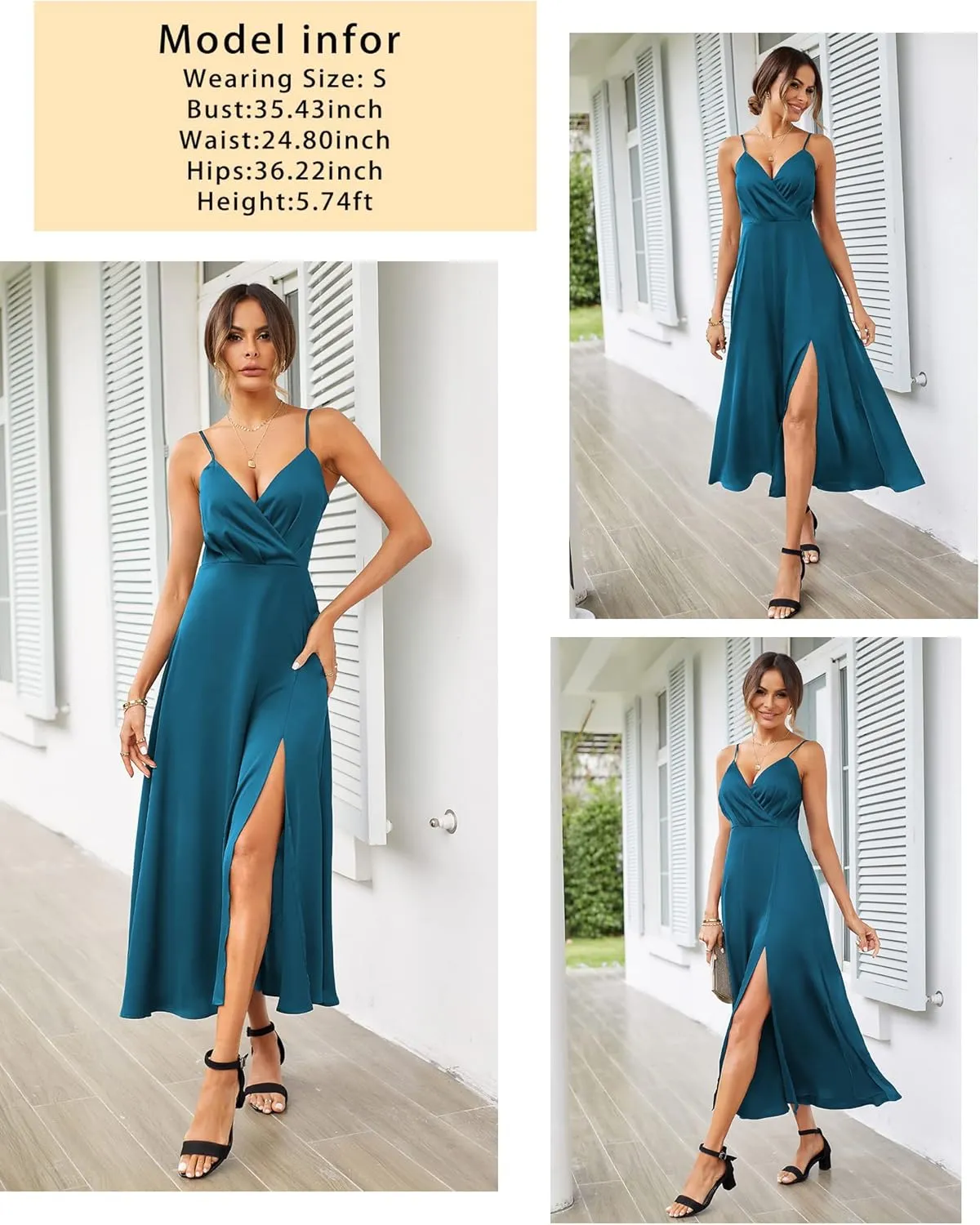 Newshows Women's 2024 Summer V Neck Satin Dress Spaghetti Strap Sleeveless Long Slit Cocktail Wedding Guest Maxi Dress