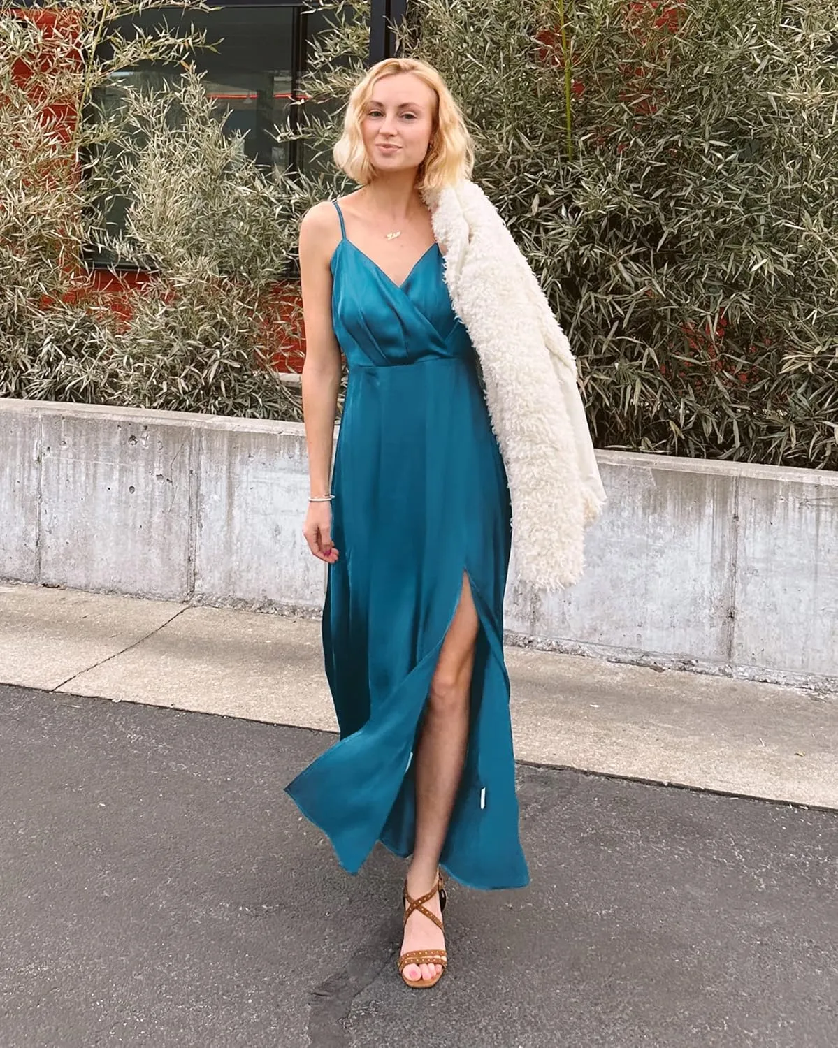 Newshows Women's 2024 Summer V Neck Satin Dress Spaghetti Strap Sleeveless Long Slit Cocktail Wedding Guest Maxi Dress