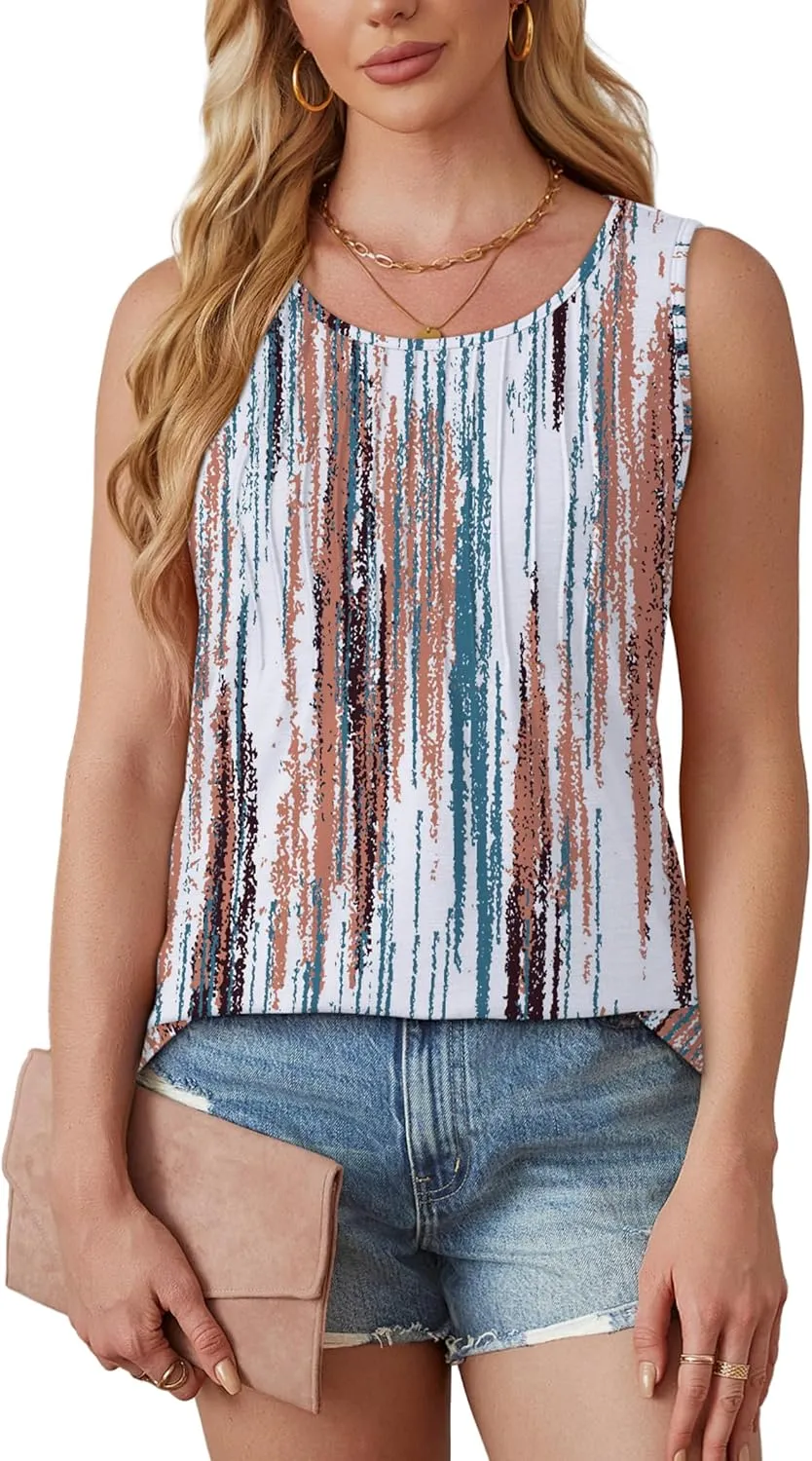 OFEEFAN Womens Tank Tops Loose Fit Dressy Casual Sleeveless Blouses Summer Outfits Round Neck Pleated Front Curved Hem
