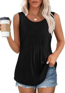 OFEEFAN Womens Tank Tops Loose Fit Dressy Casual Sleeveless Blouses Summer Outfits Round Neck Pleated Front Curved Hem