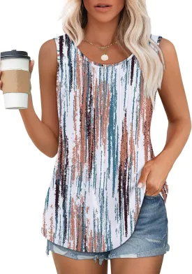 OFEEFAN Womens Tank Tops Loose Fit Dressy Casual Sleeveless Blouses Summer Outfits Round Neck Pleated Front Curved Hem