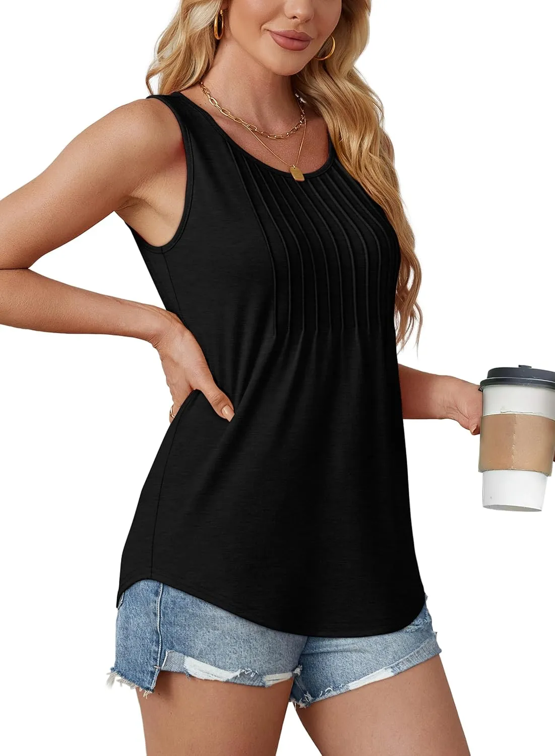 OFEEFAN Womens Tank Tops Loose Fit Dressy Casual Sleeveless Blouses Summer Outfits Round Neck Pleated Front Curved Hem
